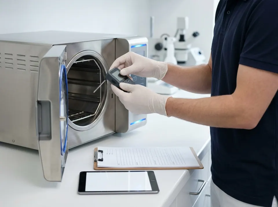 Técnico registrando a temperatura da câmara de uma autoclave para o laudo